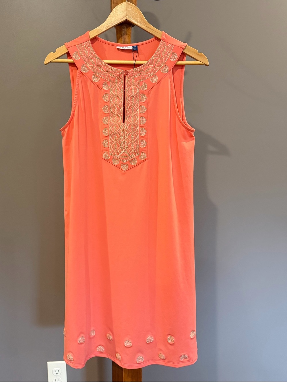 Cabana Life Coral Halter Dress with Gold Embroidery